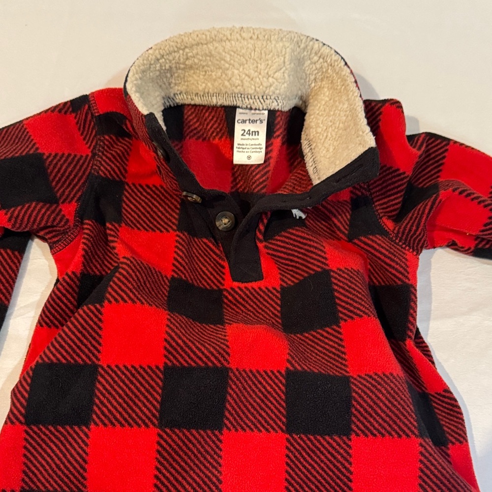 Carter's Red and Black Plaid Fleece Pullover and geranimal jeans